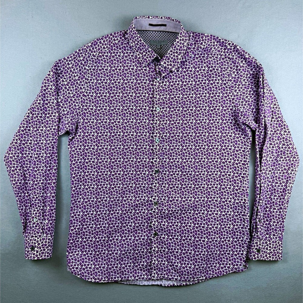 Ted Baker London Mens Size 4 Purple Floral Print Cotton Linen Button Up Shirt